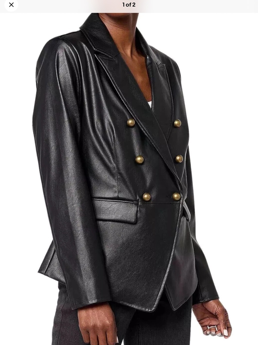 Kim Gravel Double-Breasted Military Black Faux-Leather Blazer Jacket